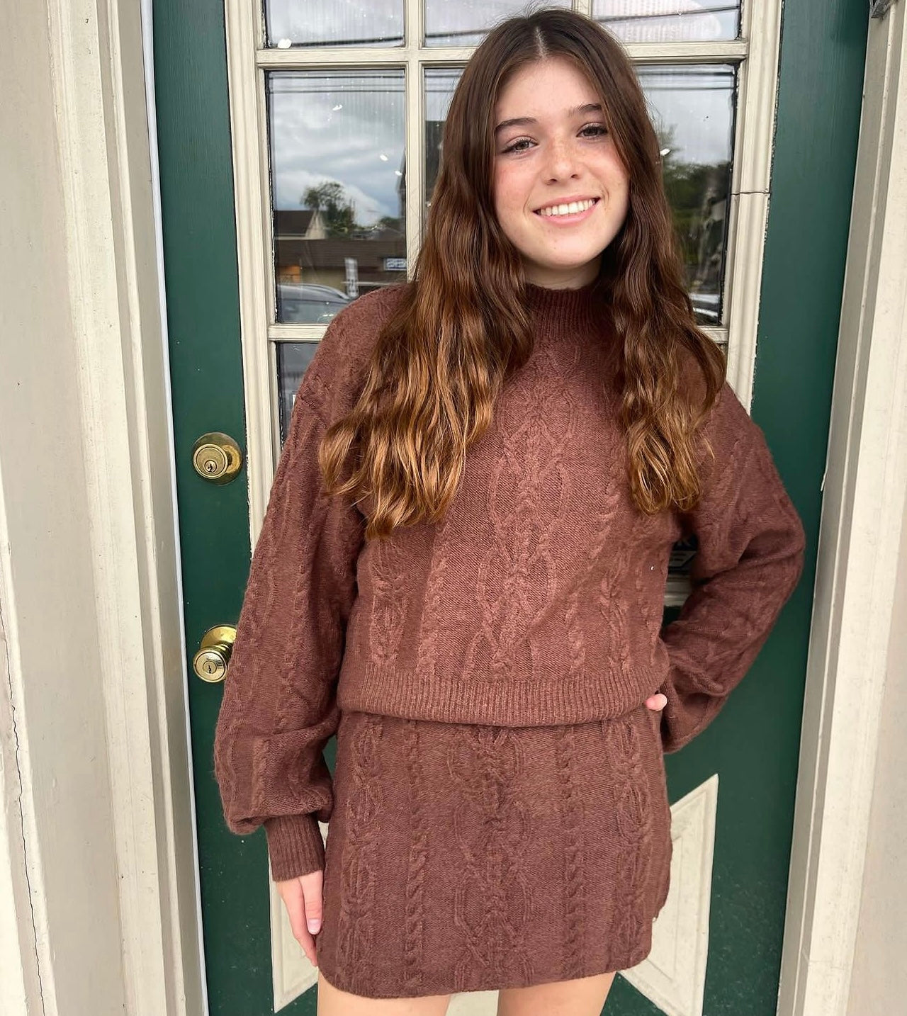 Brown cable knit skirt set