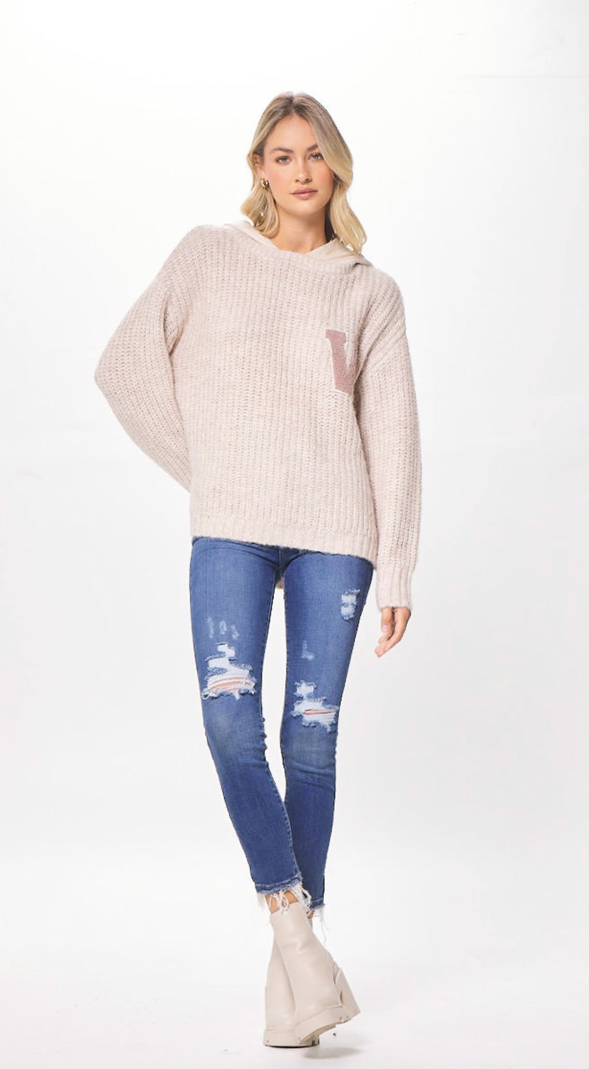 Cannoli cream sweater with fleece hood