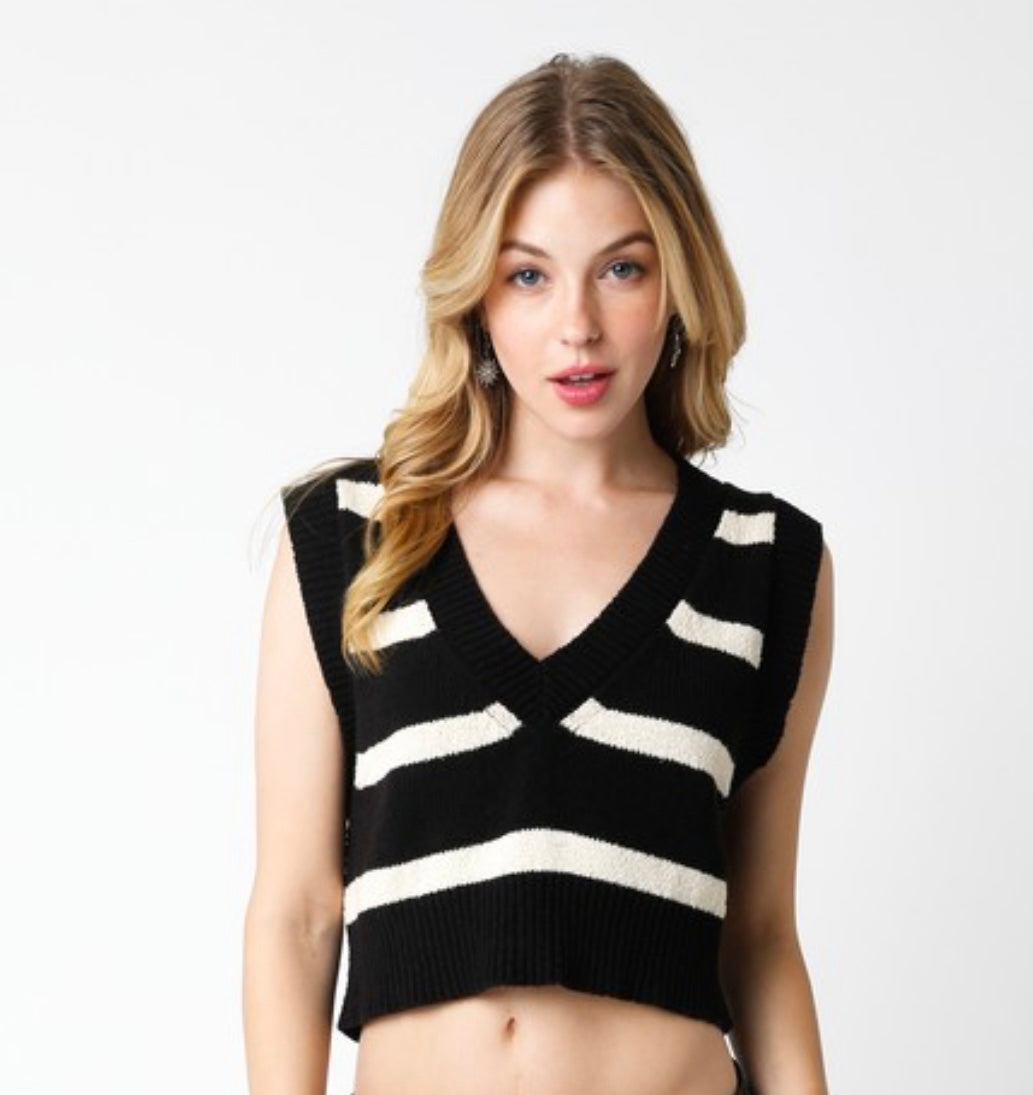 Black/natural stripe cropped sweater vest