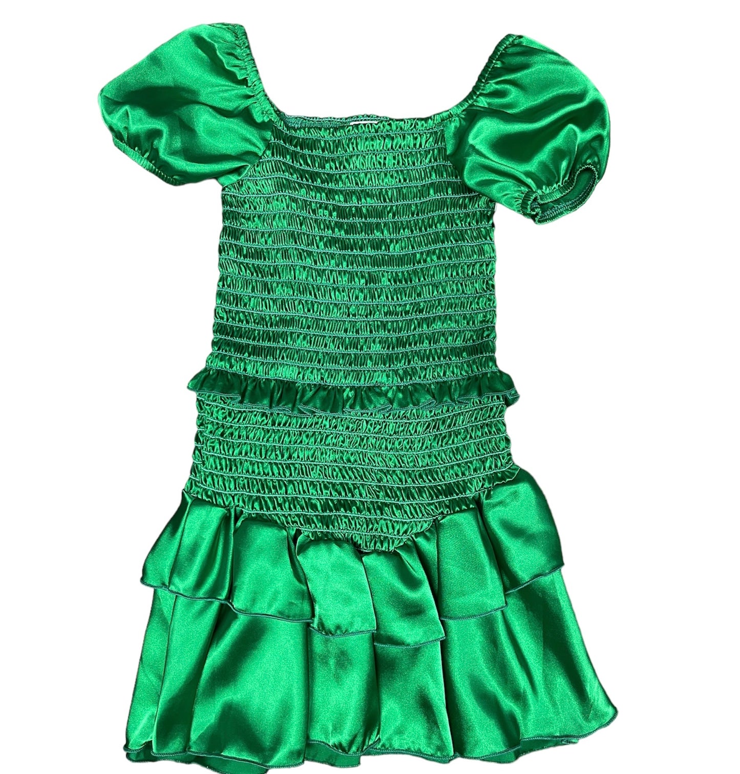 Green satin puff sleeve smock dress