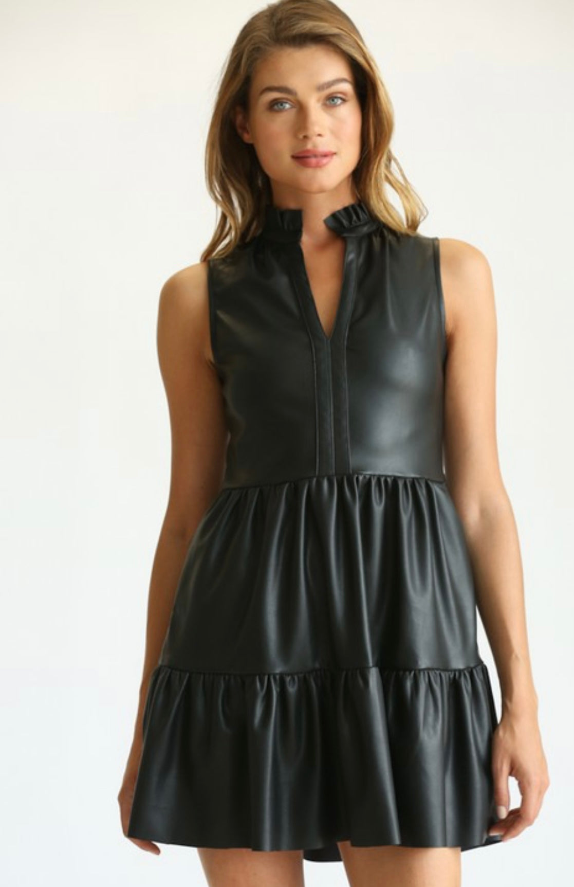 Black Faux leather sleeveless ruffle dress