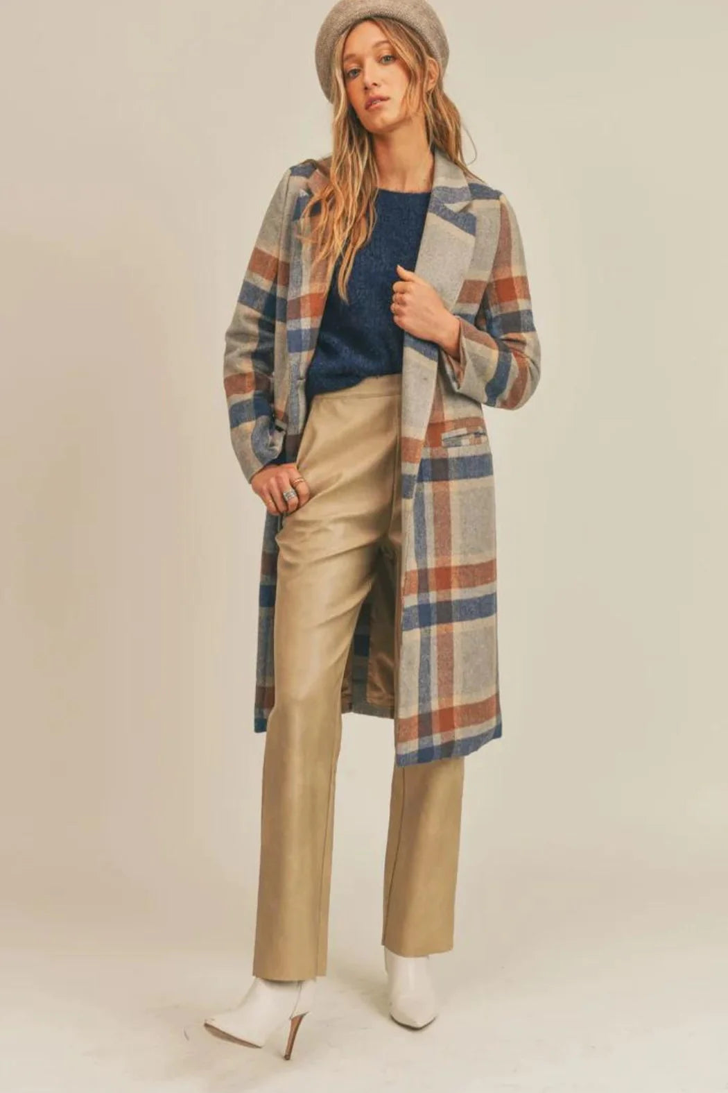 Navy/brown plaid coat