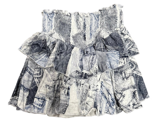 Navy denim print ruffled skirt