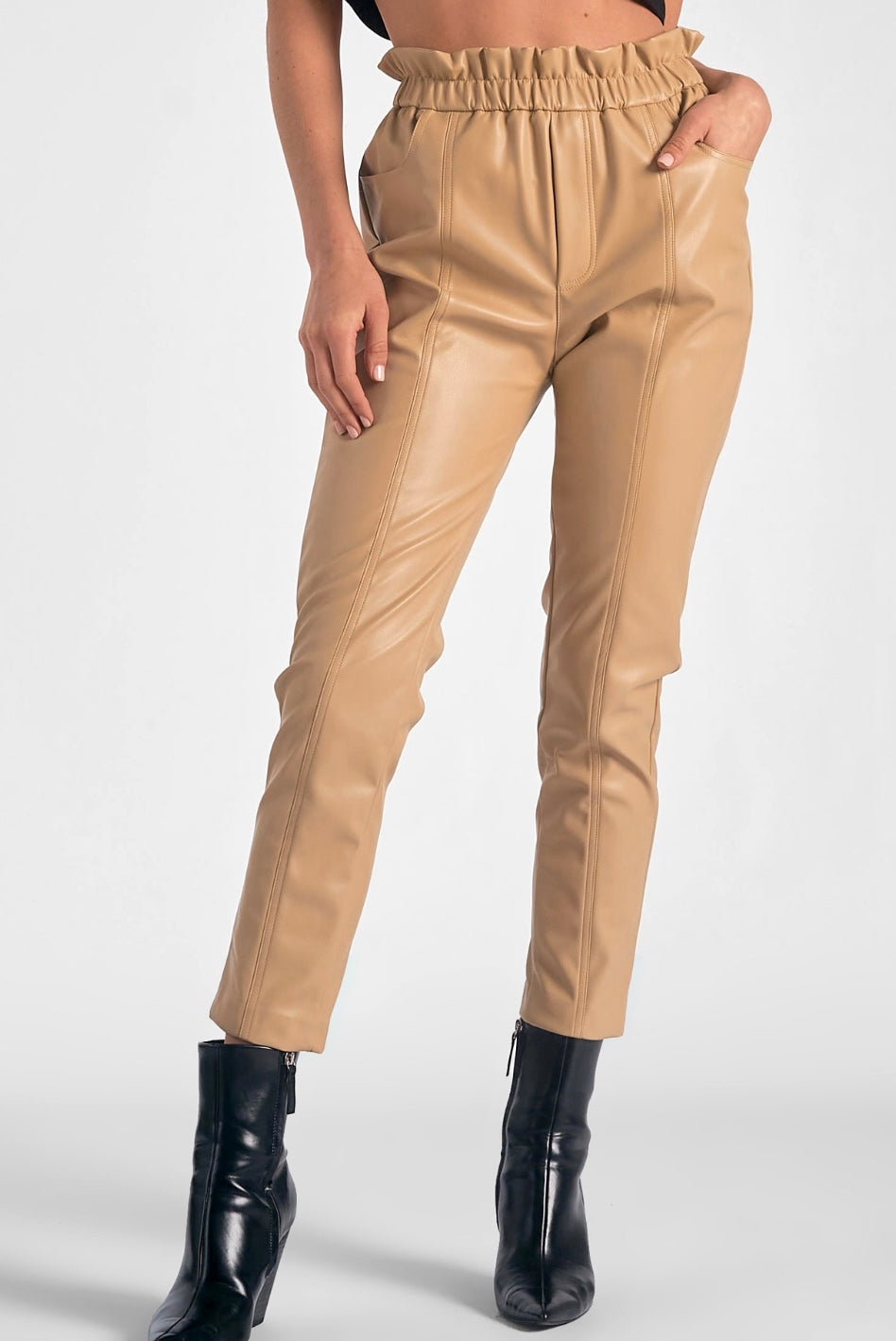 Tan ruffled elastic leather pant