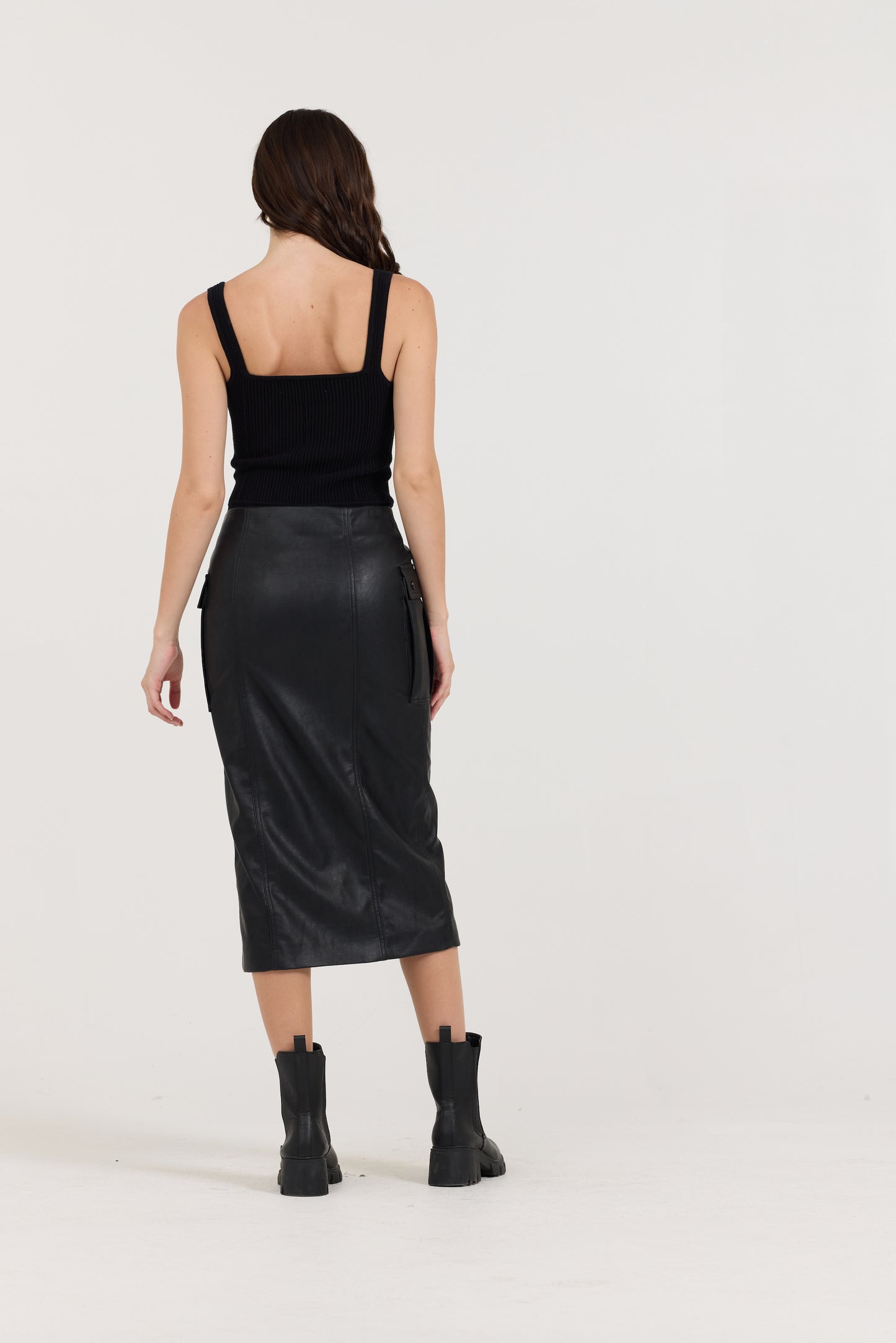 Leather Zip Front MIDI Skirt