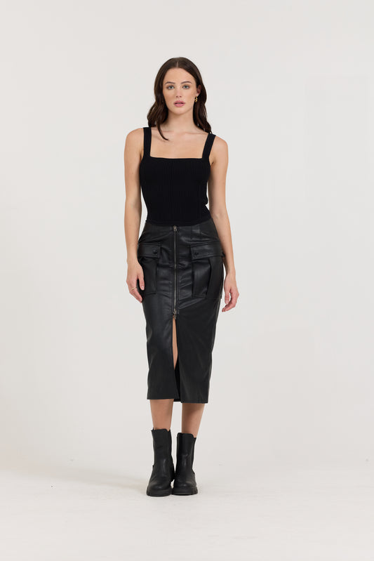 Leather Zip Front MIDI Skirt