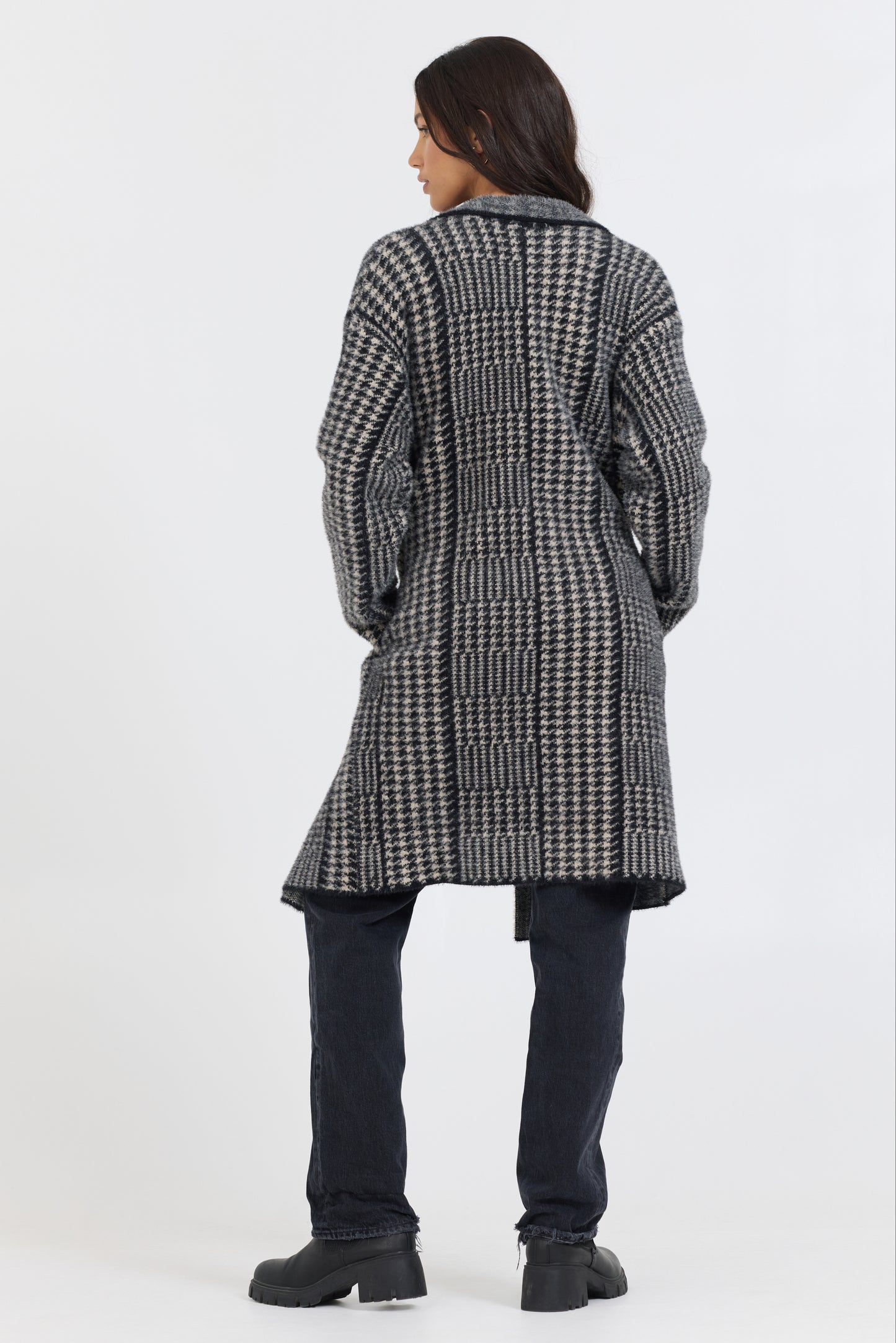 Houndstooth Furry Sweater Long Coat