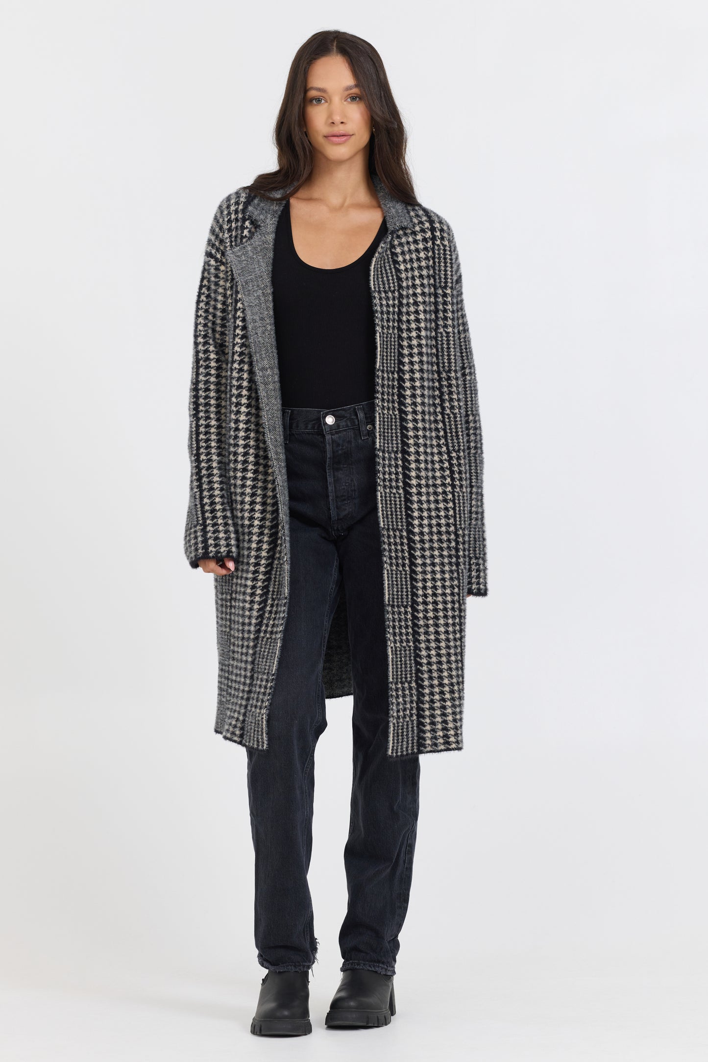 Houndstooth Furry Sweater Long Coat