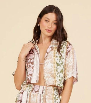 Satin Printed Cropped Button Up