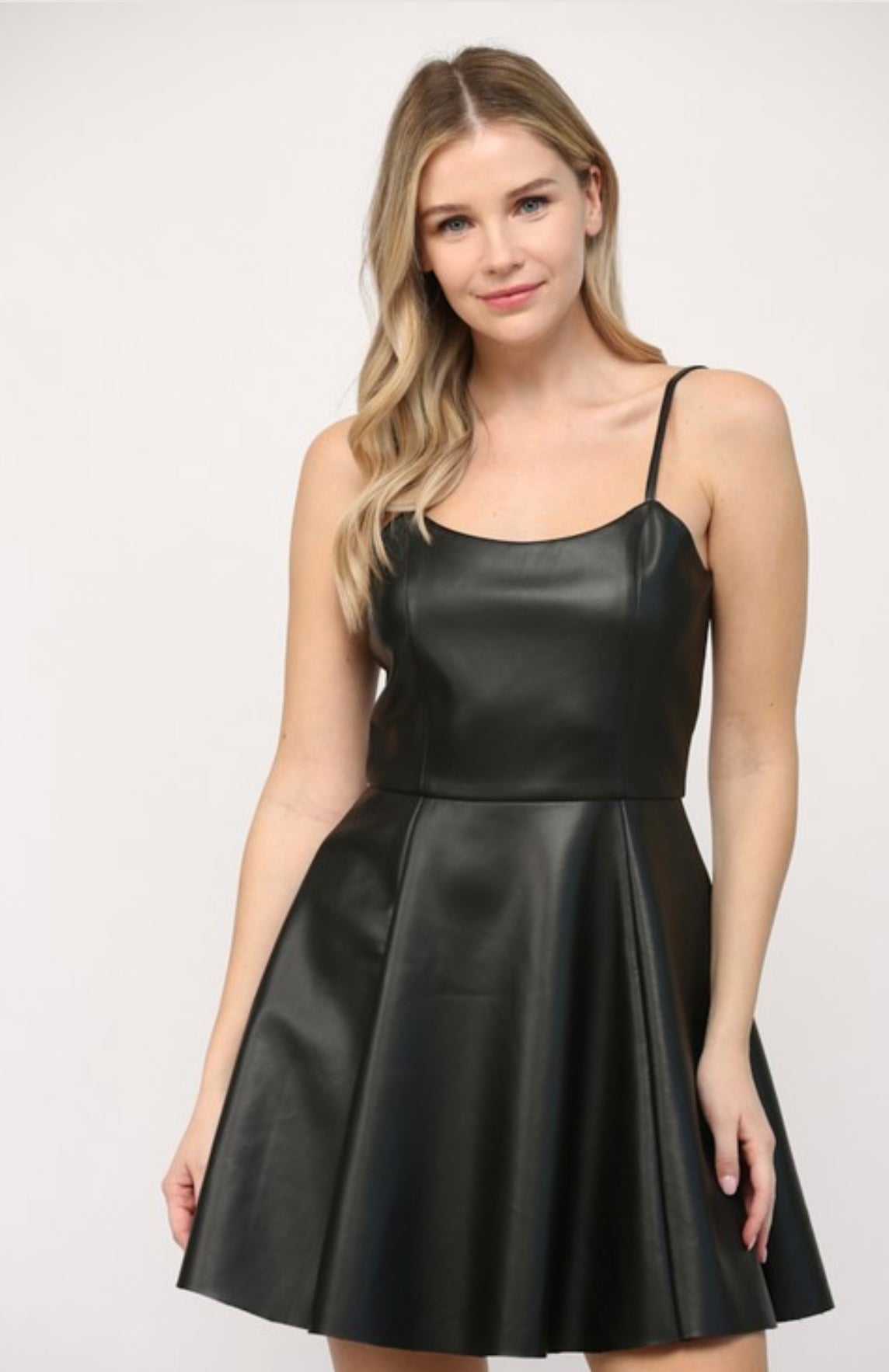 Black leather scoop neck mini dress