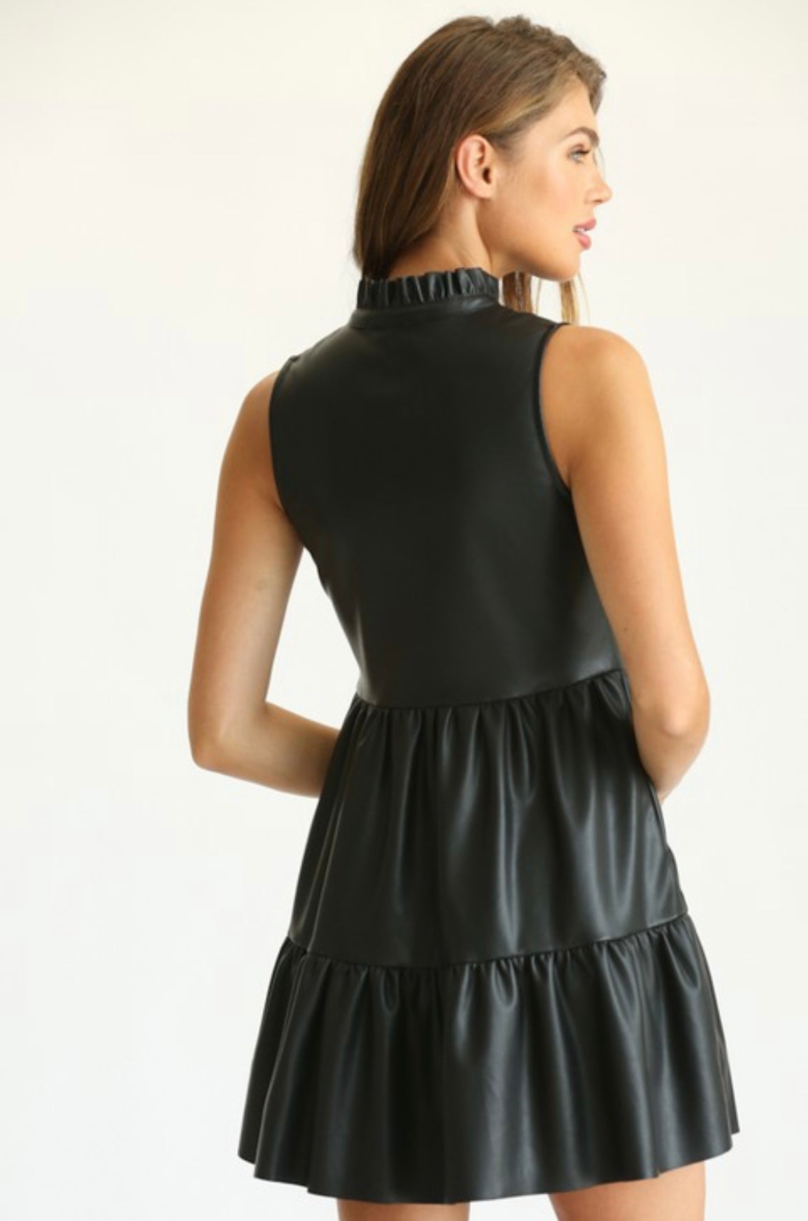 Black Faux leather sleeveless ruffle dress