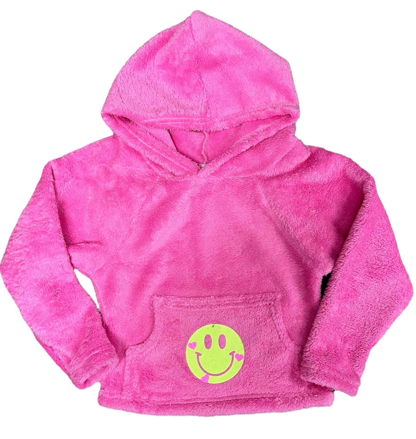 Pink fuzzy hoodie with smiley face